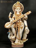 39" Gold Embellished Goddess Saraswati on Her Vahana | Handcrafted In White Marble