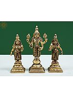 4" Small Brass Lord Vishnu Statue with Shridevi and Bhudevi