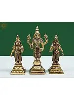 4" Small Brass Lord Vishnu Statue with Shridevi and Bhudevi