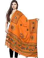 Printed Dupatta from Kutch with Hand-Embroidered Florals and Mirrors
