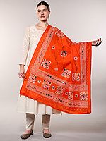 Printed Dupatta from Kutch with Hand-Embroidered Florals and Mirrors