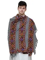 Cloudburst-Gray Men's Shawl from Kullu with Kinnauri Woven Triple Border in Multicolor Thread