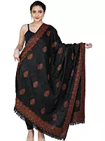 Jet Black Jamawar Stole from Amritsar with Aari Embroidered Flowers in Self-Colored Thread