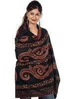 Black Sozni Embroidered Tusha Shawl from Kashmir with Stylized Paisleys