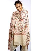 Cream Kashmiri Shawl with Crewel Embroidery All-Over