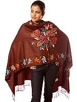 Plain Brown Stole Shawl with Multi-Color Kantha Stitch Embroidery