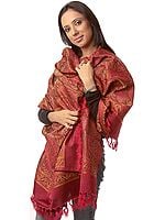 Burgundy Stylized Paisley Banarasi Shawl with All-Over Weave