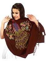 Dark-Brown Stole with Kantha Embroidered Peacock with Sequins