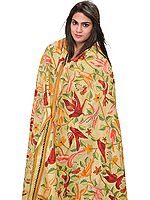 Chino-Green Kantha Dupatta from Bengal with Embroidered Birds
