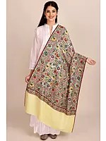 Pastel-Yellow Antiquated Pure Pashmina Shawl from Kashmir with Sozni-Embroidery by Hand