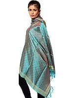 Turquoise Banarasi Hand-Woven Shawl with All-Over Tanchoi Weave