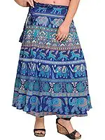 Ensign-Blue Wrap-Around Skirt with Printed Elephants and Deers