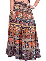Long Sanganeri Printed Skirt with Elephants and Deers