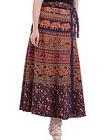 Wrap-Around Long Skirt from Pilkhuwa with Printed Peacocks and Elephants