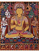 The Buddha Amoghasiddhi, Surrounded By The Dhyani Buddhas (Tibetan Buddhist Brocadeless Thangka)