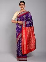 Tribal Motifs Bomkai Saree with Temple Border from Odisha and Contrast Border and Anchal