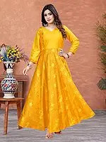Bright-Sun Digital Print Designer Floral V-Neck Party Wear A-Line Long Rayon Gown