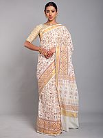 Cannoli-Cream Warli Folk Art Motifs Cotton Saree with Golden Border from Telangana