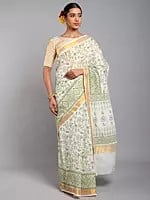 Cannoli-Cream Warli Folk Art Motifs Cotton Saree with Golden Border from Telangana