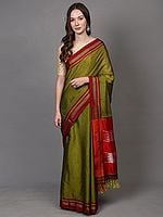 Golden-Cypress Ilkal Handloom Traditional Saree with Contrast Red Border and Anchal