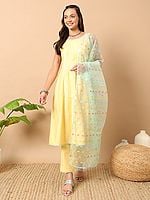 Printed And Lace Work Striped Pattern Kurta And Bottom With Dupatta For Casual Occasion