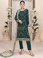 Heavy Embroidery And Sequins Work Kurta With Matching Bottom And Long Dupatta