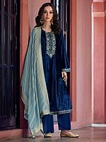 Velvet Embroidery And Sequins Work Round Neck Long Kurta With Matching Bottom And Jacquard Dupatta