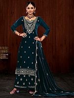 Fancy Embroidery And Sequins Work Festive Wear Kurta With Palazzo And Matching Chinon Dupatta