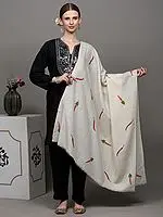 Off-White Pure Pashmina Shawl with Chilly and Carrot Embroidery