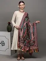 Pure Pashmina Shawl with Multicolor Thread Sozni Embroidered Paisleys and Floral Leaves