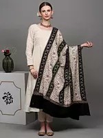 Black and Cream Pure Pashmina Shawl with Striped Pattern and All-Over Floral Jaal Embroidery