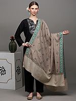 Oxford-Tan Pure Pashmina Shawl with Dordar Bootidar Embroidery and Striped Border