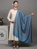 Greyish-Blue Pure Pashmina with Sozni Embroidered Phool Bail Pattern by Hand