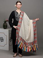 Antique-White Pure Pashmina Shawl with Intricate Sozni Embroidered Paisley Border