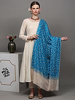 Horizon-Blue Jaldaar Sozni Embroidered Pure Pashmina Shawl with Stripe Border
