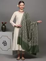 Olive-Green Pure Pashmina Shawl with Featuring Intricate Sozni Embroidered Leaf Jaal Pattern