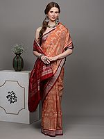 Coral-Sand Pure Silk Bomkai Saree from Orissa with Woven Warli folk Motifs and Maroon Contrast Border-Anchal