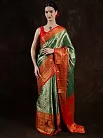 Green-Olive Art Silk Saree with Zari Woven Peacocks-Flowers and Red Contrast Border