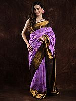 African-Violet Pure Silk Zari Motifs Kanjivaram Saree with Contrast Golden Border