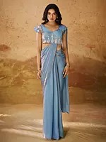 Hippie-Blue Organza Embroidery And Sequins Work Designer Saree With Blouse