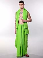 Men's Jute Dhoti & Angavastram Set with Woven Border - Vibrant Orange