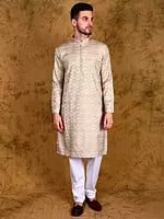 Gilded-Beige Wedding Kurta Pajama Set with Woven Bootis