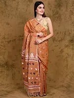 Toasted-Nut Pure Cotton Jamdani Saree from Bengal with All-Over Woven Bootis