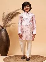 Pink Silk Blend Check Pattern Floral Printed Kurta With Cream Pajama