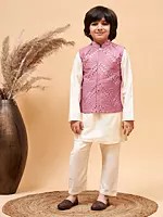 Cream Viscose Kurta Pajama With Mirror Embroidered Jacket