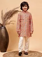 Silk Blend Moroccan Pattern Printed Orange Kurta with Poly Viscose Cream Pajama