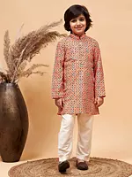 Silk Blend Moroccan Pattern Printed Orange Kurta with Poly Viscose Cream Pajama