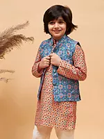 Blue Silk Blend Elegant Sleeveless Moroccan Pattern Print Modi Jacket
