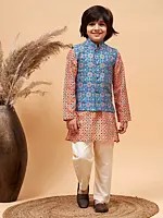 Silk Blend Moroccan Pattern Printed Blue Modi Jacket And Orange Kurta With Poly Viscose Pajama