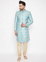Silk Blend Ogee Floral Pattern Brocade Sherwani with Gold Churidar Pajama
